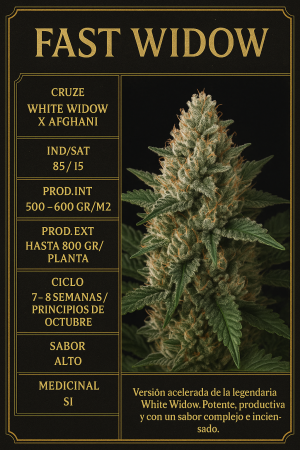Cogollo de cannabis Fast Widow, versión rápida de White Widow, potente, productiva, con sabor complejo e inciensado.